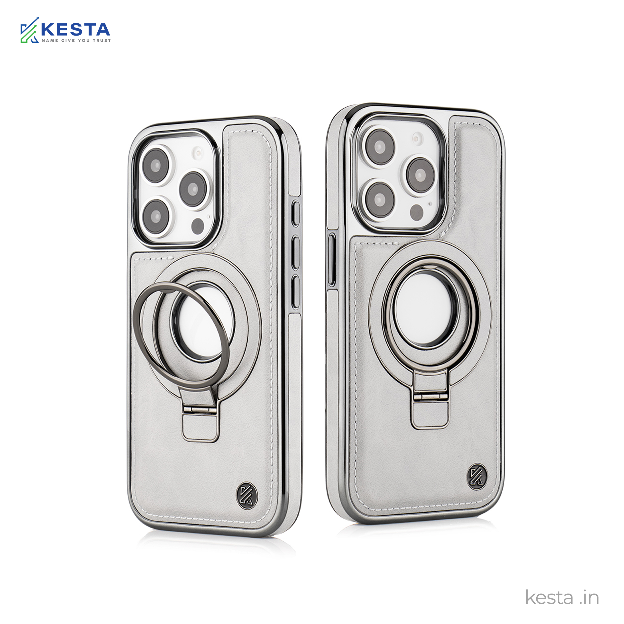 iPhone 15 Pro Cover - Classy Elite Gray Leather Case (Built-In Magnetic Ring Holder)